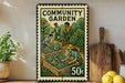 A metal sign with a vintage-style illustration of people working in a community garden, surrounded by potted plants and a wooden cutting board.