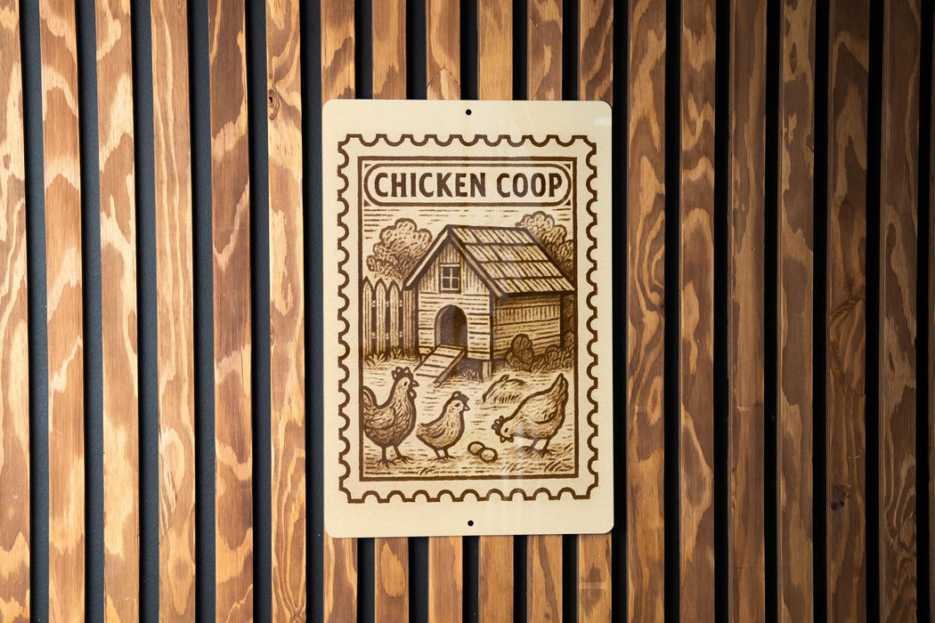 A sign with a wooden background and a stamp-like design, featuring a house and chickens, mounted on a wooden wall.