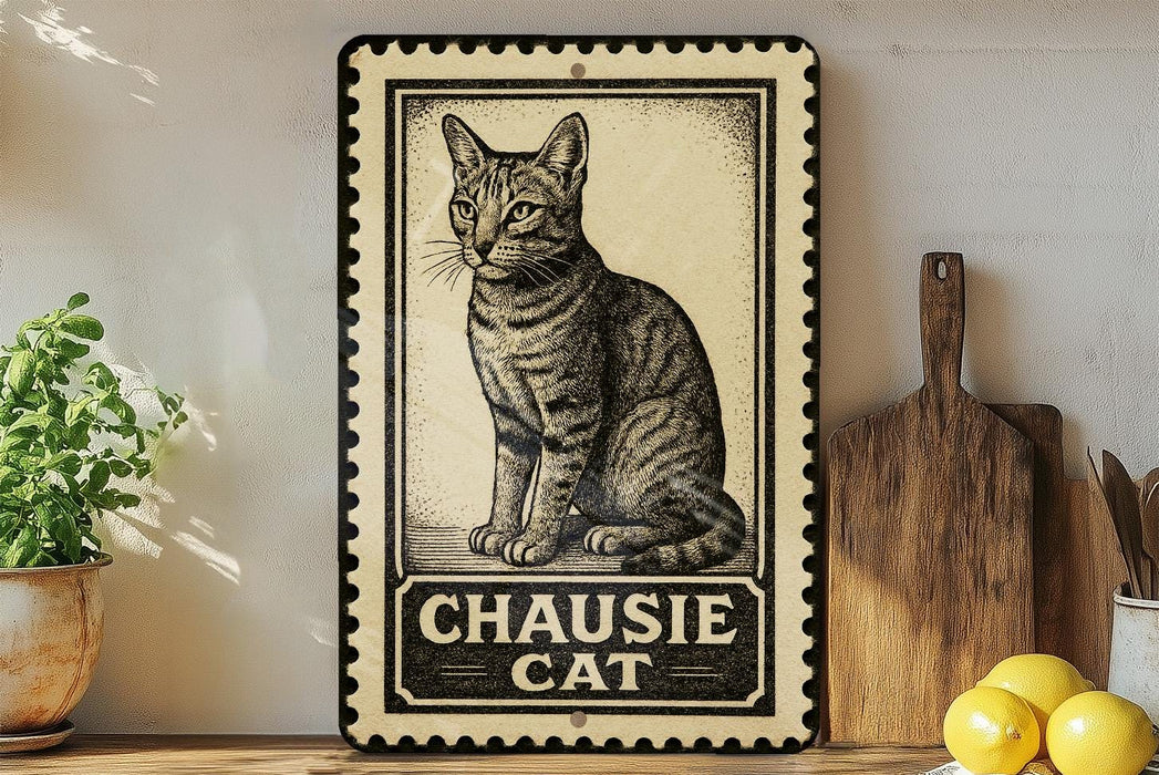 A framed illustration of a cat is displayed on a shelf, accompanied by a wooden cutting board, a potted plant, and some lemons.