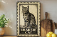 A framed illustration of a cat is displayed on a shelf, accompanied by a wooden cutting board, a potted plant, and some lemons.
