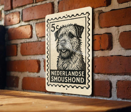 A black and white stamp-like sign featuring a dog's head on a wooden surface against a brick wall background.