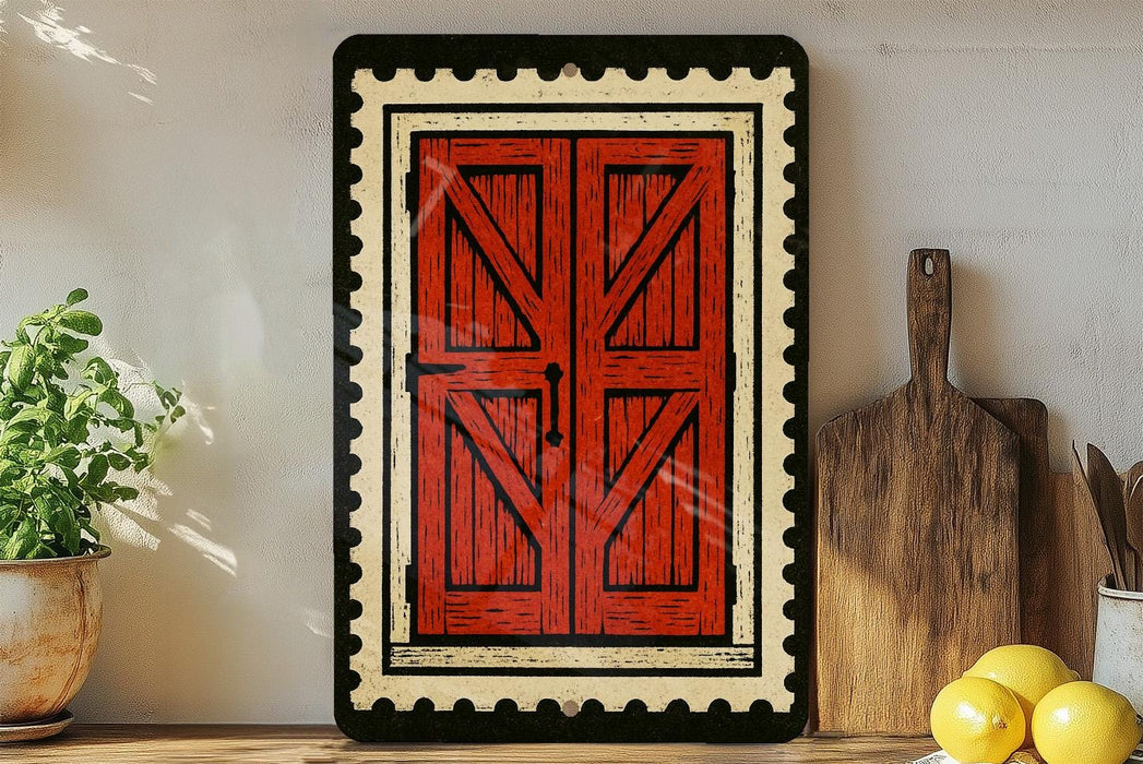 a wooden door with a red frame, hanging on a wall next to a wooden cutting board and a potted plant.