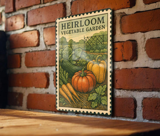 A vintage-style stamp or sign with illustrations of vegetables, such as carrots and pumpkins, is displayed on a brick wall.
