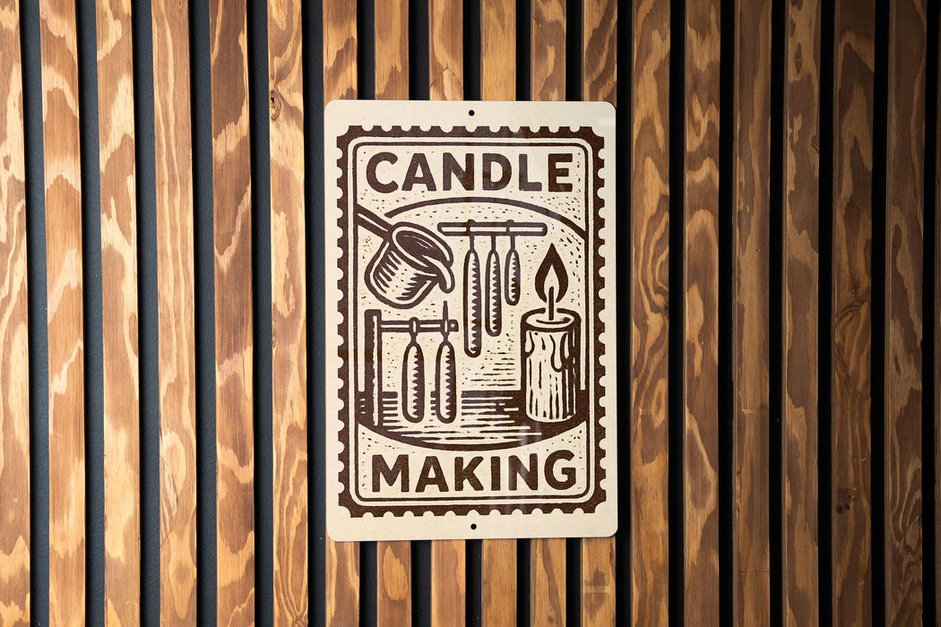 a sign that reads "CANDLE MAKING" with illustrations of a candle and other related items.