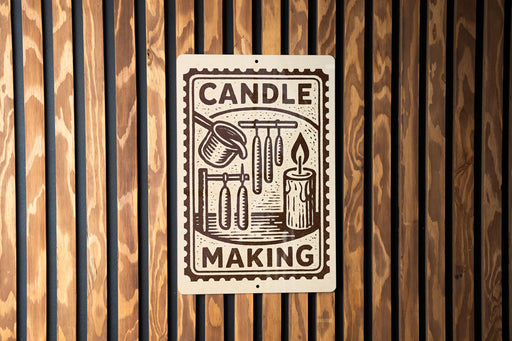 a sign that reads "CANDLE MAKING" with illustrations of a candle and other related items.