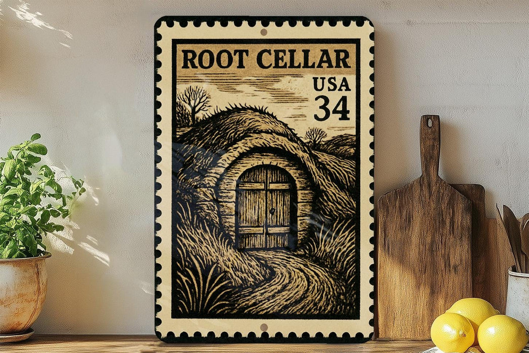 A framed image of a wooden door leading to a tunnel, with a vintage-style stamp design, is displayed on a shelf next to a wooden cutting board and a potted plant.