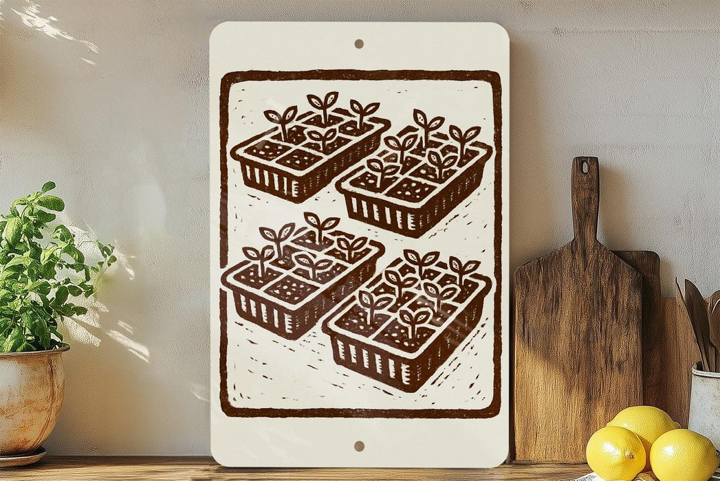 a white sign with a brown illustration of three square planters with plants, placed on a wooden shelf next to a wooden cutting board and a potted plant.
