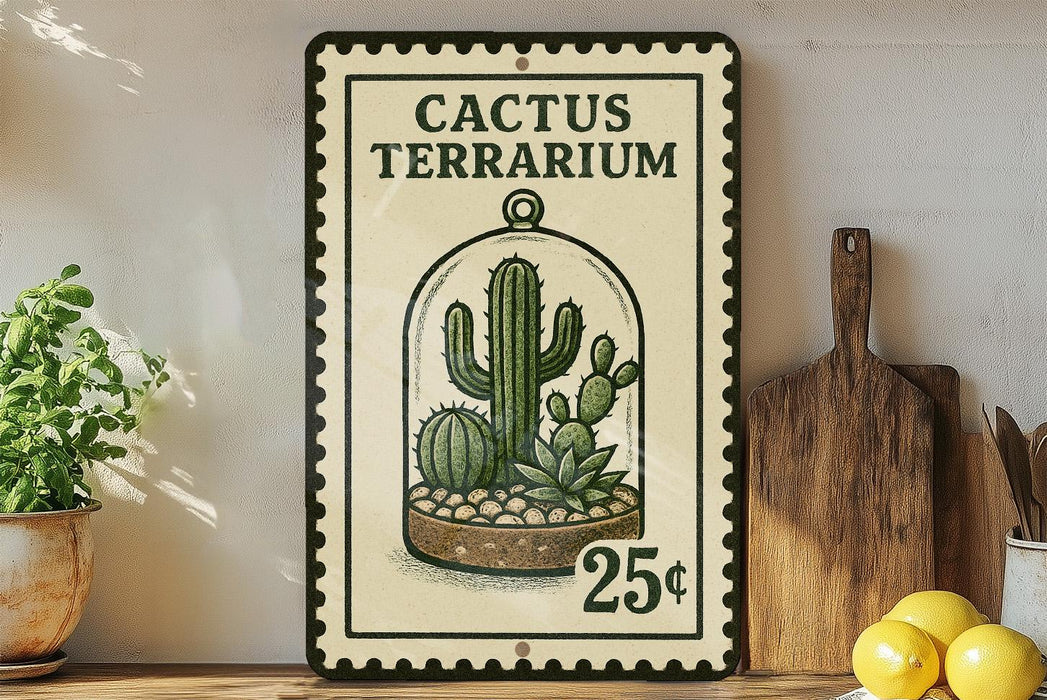 a vintage-style sign advertising a cactus terrarium for 25 cents, with a cactus illustration and a wooden cutting board in the background.