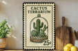 a vintage-style sign advertising a cactus terrarium for 25 cents, with a cactus illustration and a wooden cutting board in the background.