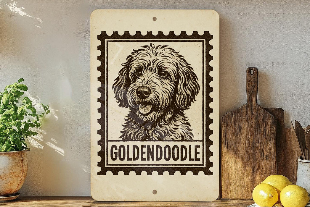 A wooden sign with a black and white illustration of a golden retriever dog, labeled "GOLDENDOLE", is displayed on a shelf next to a potted plant and a wooden cutting board.