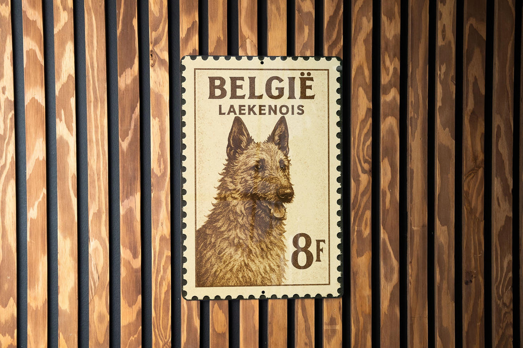 A metal postage stamp featuring a dog's head, with the text "Belgie Lækenois 8F" printed on it.