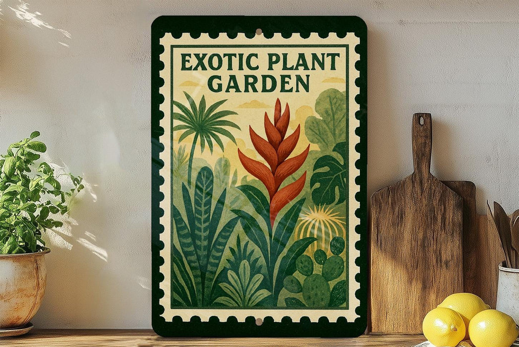 a framed poster of a tropical plant garden, with a wooden cutting board and a potted plant to the left.