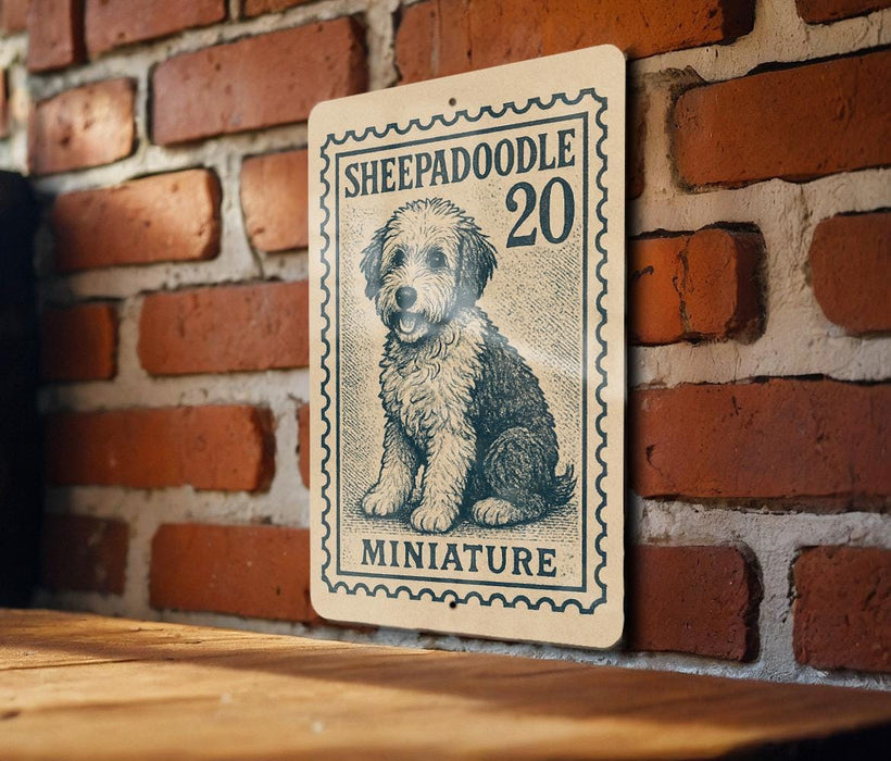 A metal sign featuring a dog illustration and the text "SHEEPADOLE 20 MINIATURE" is mounted on a brick wall.