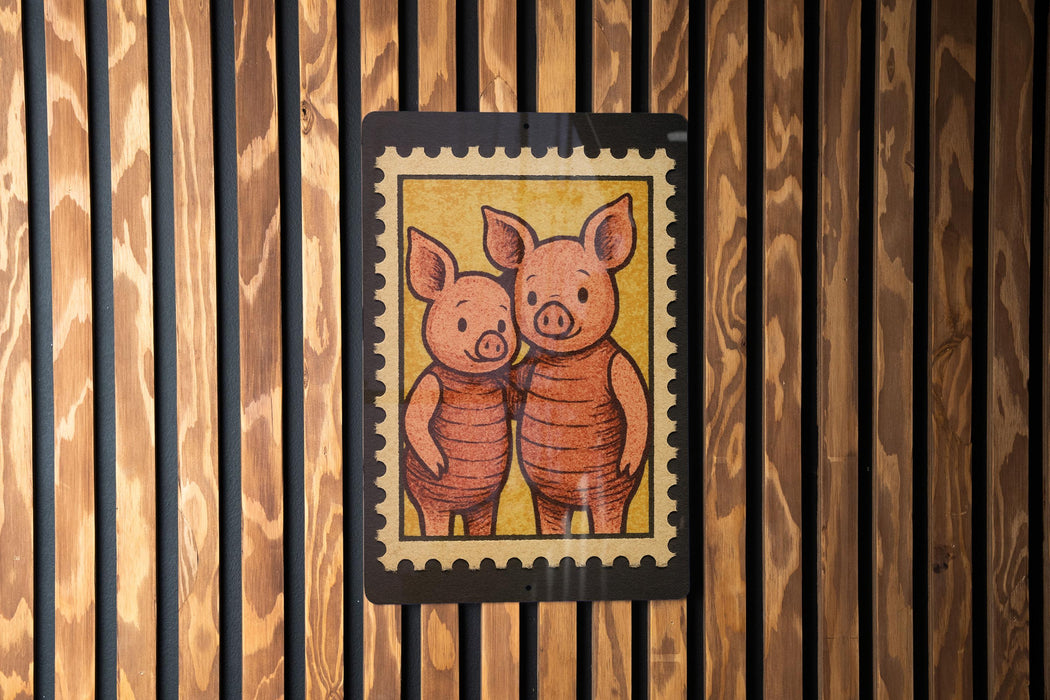 A framed illustration of two cartoon pigs embracing each other is displayed on a wooden wall.