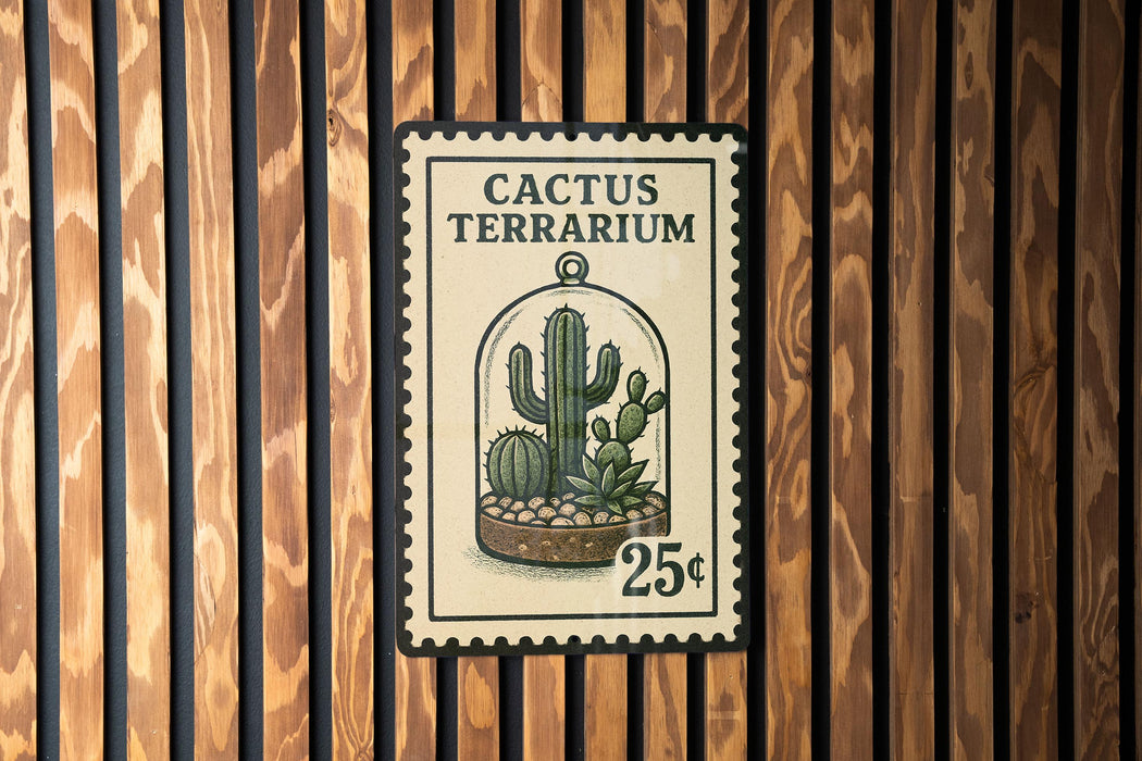 A Cactus Terrarium stamp is displayed on a wooden wall.