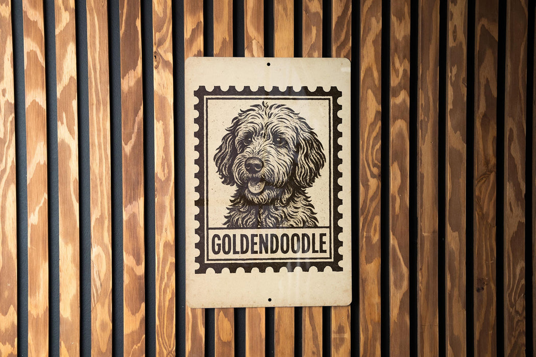 A sign featuring a dog's head in a stamp-like design, with the word "GOLDEN doodle" written below it.