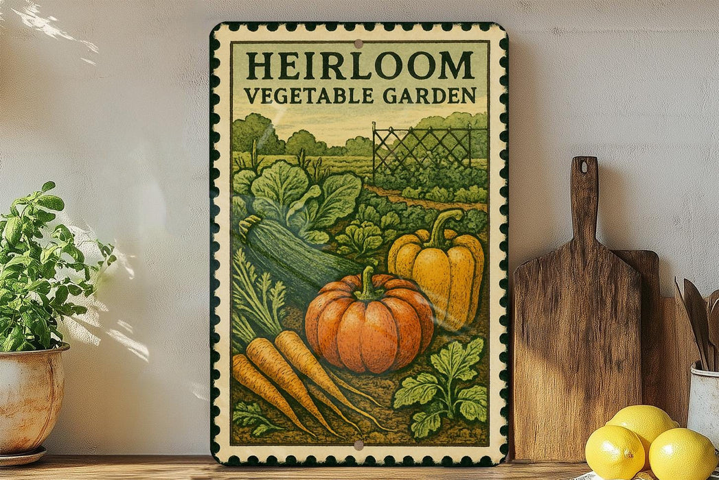 a vintage-style metal sign with a colorful illustration of a vegetable garden, including a pumpkin, carrots, and peppers, displayed on a shelf next to a wooden cutting board and a potted plant.