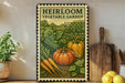 a vintage-style metal sign with a colorful illustration of a vegetable garden, including a pumpkin, carrots, and peppers, displayed on a shelf next to a wooden cutting board and a potted plant.