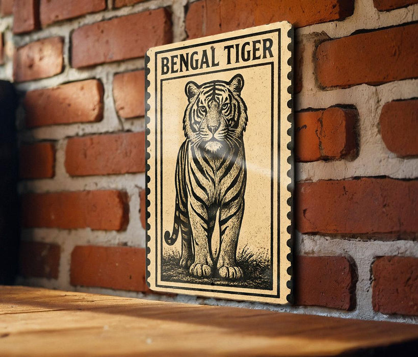 A framed illustration of a tiger is displayed on a brick wall.