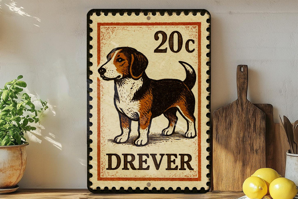 a 20c postage stamp with a dog illustration, placed on a wooden surface next to a wooden cutting board and some lemons.