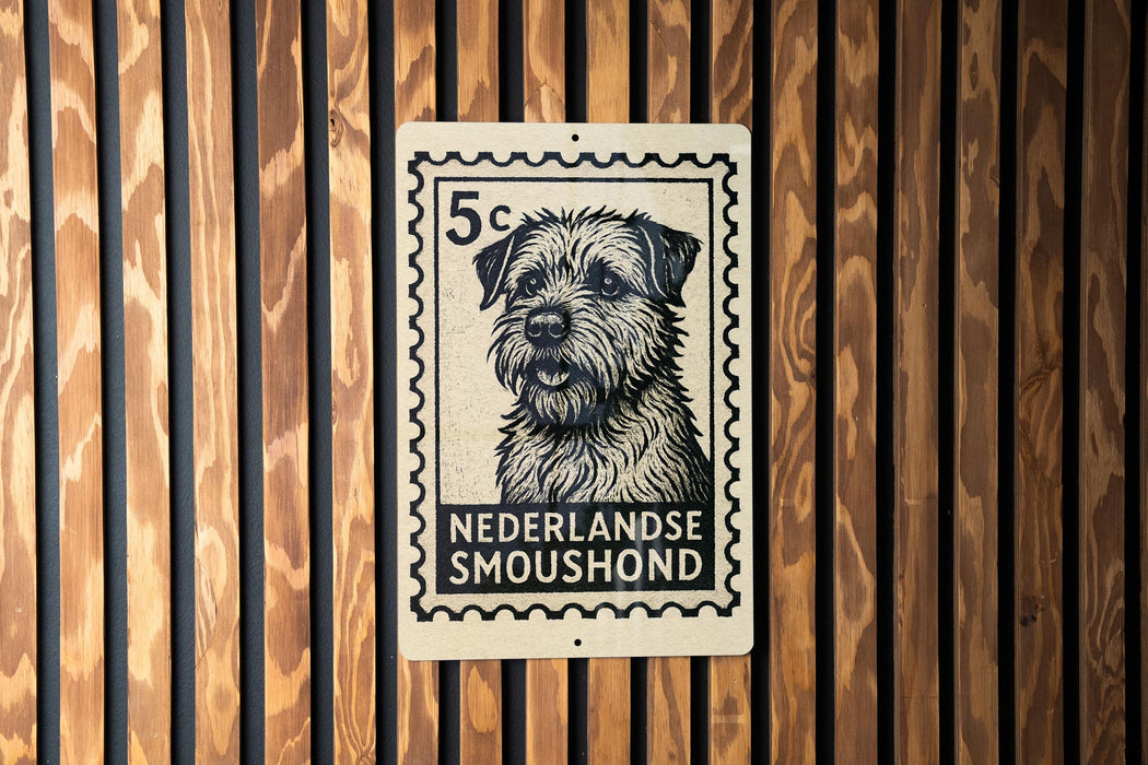 A black and white stamp-like sign with a dog illustration on it, mounted on a wooden wall.