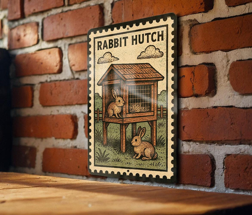 A metal sign with a vintage-style illustration of a rabbit hutch is mounted on a brick wall.