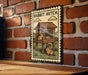 A metal sign with a vintage-style illustration of a rabbit hutch is mounted on a brick wall.