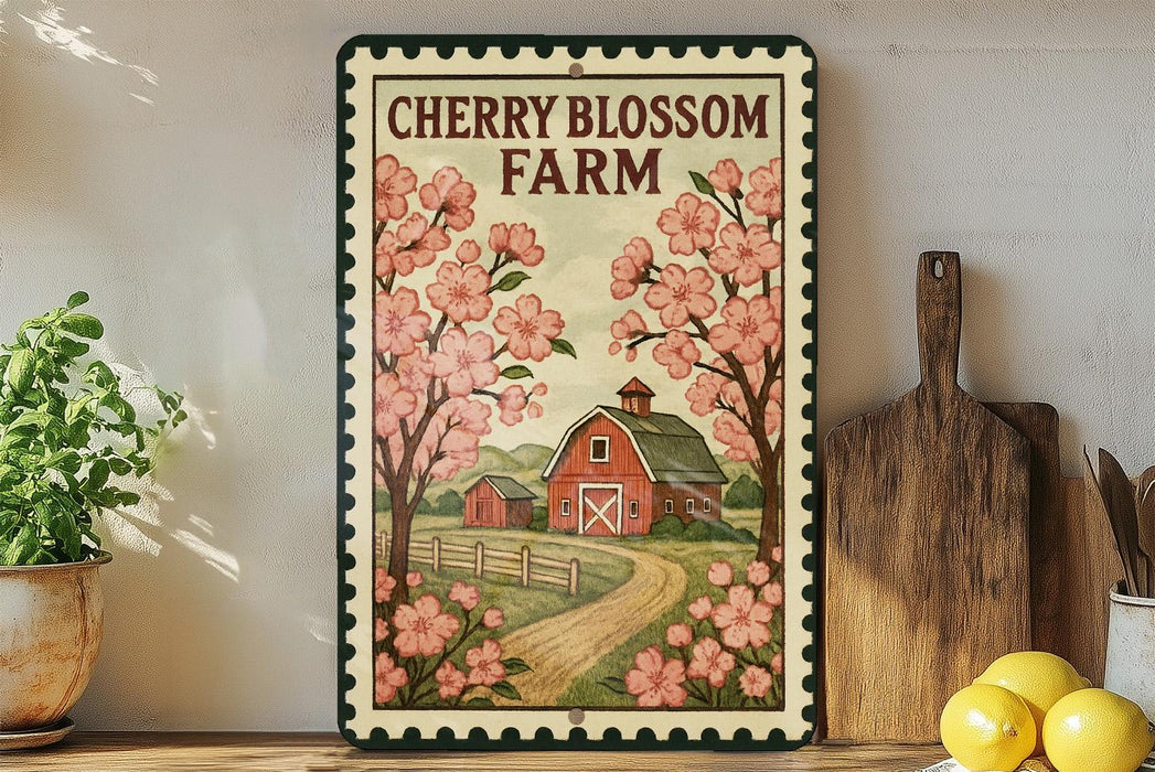 A framed illustration of a cherry blossom farm with a red barn, surrounded by pink flowers and a dirt road, is displayed on a shelf next to a wooden cutting board and a potted plant.