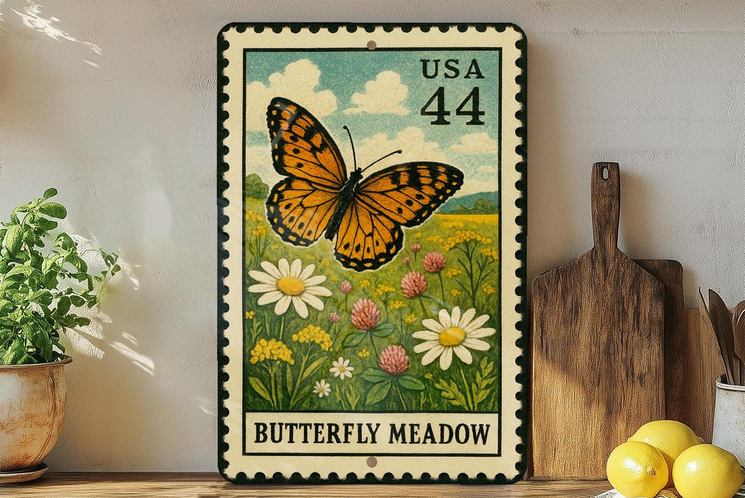 A framed postage stamp depicting a butterfly in a meadow, with the text "Butterfly Meadow" and the number "44" printed on it. The stamp is placed on a shelf next to a wooden cutting board and a potted plant.