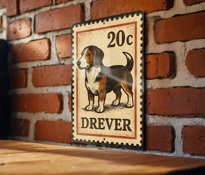 A metal sign with a dog illustration and the text "DRIVER" is mounted on a brick wall.
