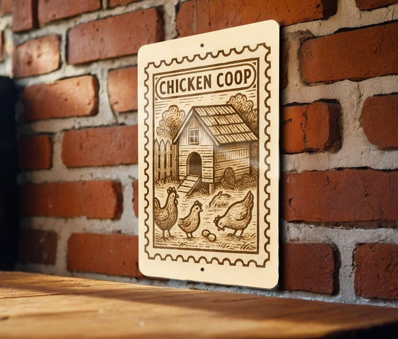 A sign with a wooden house and chickens is mounted on a brick wall.