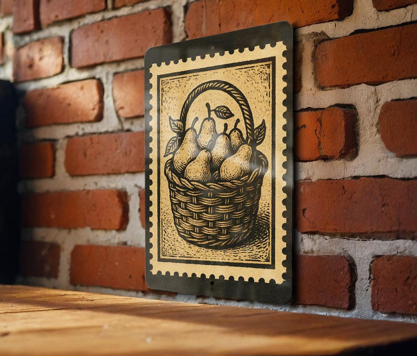 A framed illustration of a basket filled with pears is displayed on a brick wall.