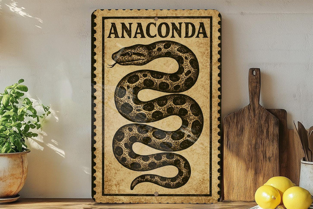 a wooden sign with a snake design, placed on a shelf next to a wooden cutting board and some lemons.