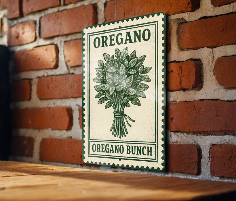 A sign for "Oregano Bunch" is displayed on a brick wall, featuring a green and white illustration of an oregano plant.