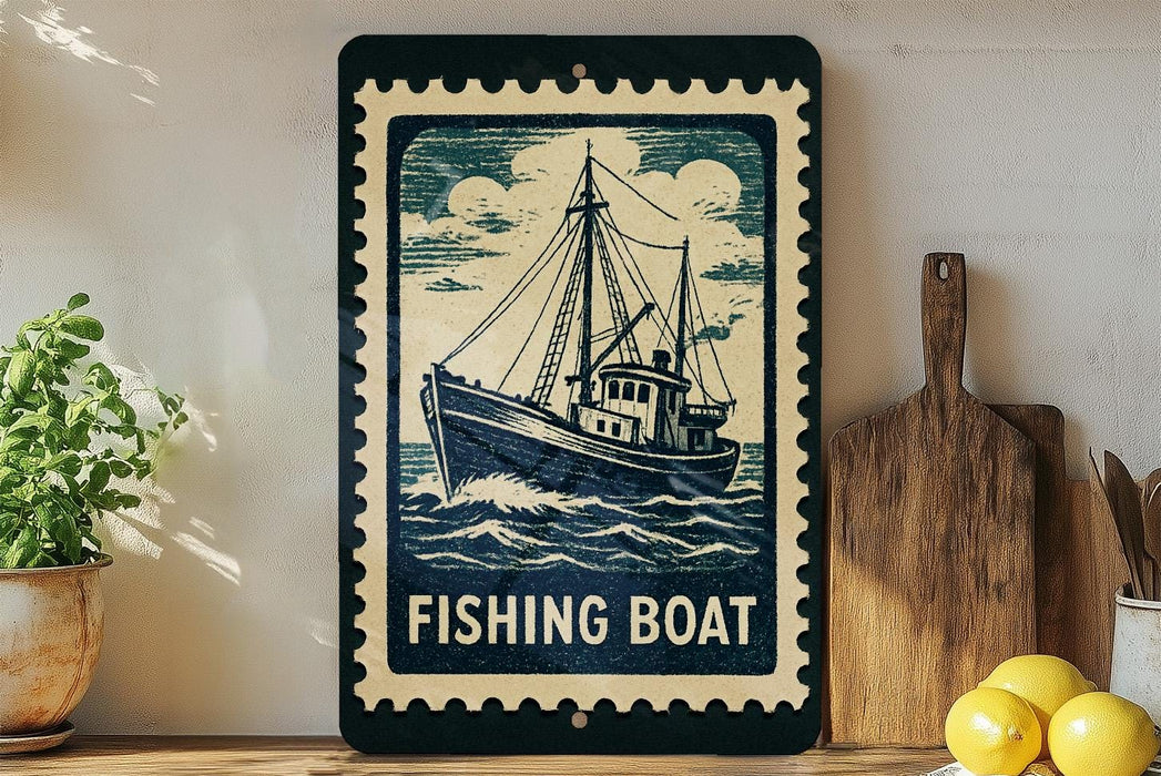 a vintage-style sign with a fishing boat illustration, placed on a wooden surface next to a wooden cutting board and some lemons.