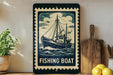 a vintage-style sign with a fishing boat illustration, placed on a wooden surface next to a wooden cutting board and some lemons.