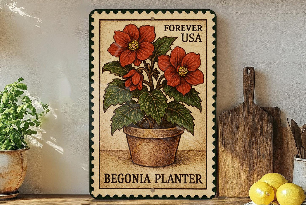 A metal sign with a floral design, featuring a potted plant with red flowers, is displayed on a shelf next to a wooden cutting board and a bowl of lemons.