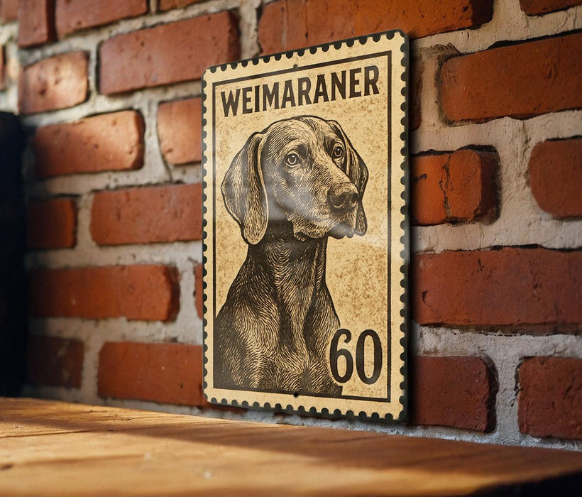 A weimaran stamp with the number 60 on it, mounted on a brick wall.