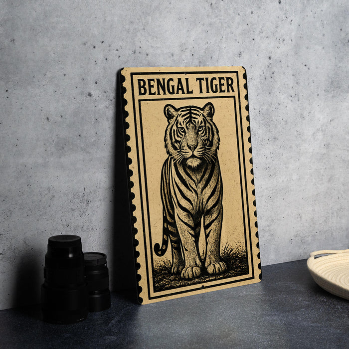 A framed illustration of a tiger is displayed on a wall, with a stack of black camera lenses to the left and a white plate to the right.