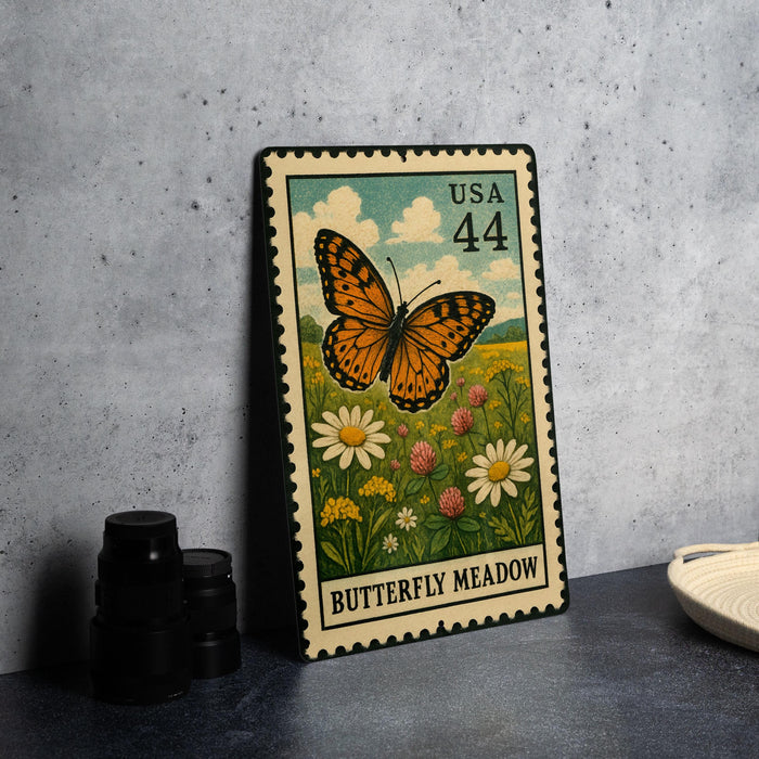 A metal stamp depicting a butterfly in a meadow, with the text "Butterfly Meadow" printed on it.