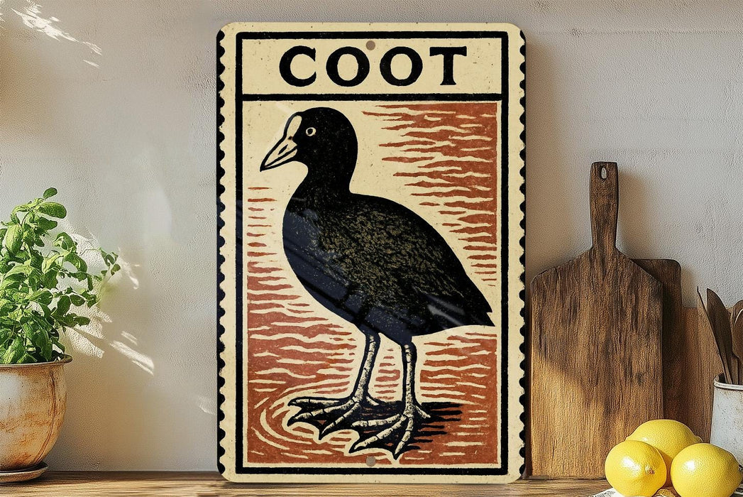 a vintage-style sign with a black and white illustration of a bird, possibly a coot, standing on a wooden surface.