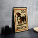 A metal sign featuring a dog illustration and the text "DREVER" is displayed on a table.