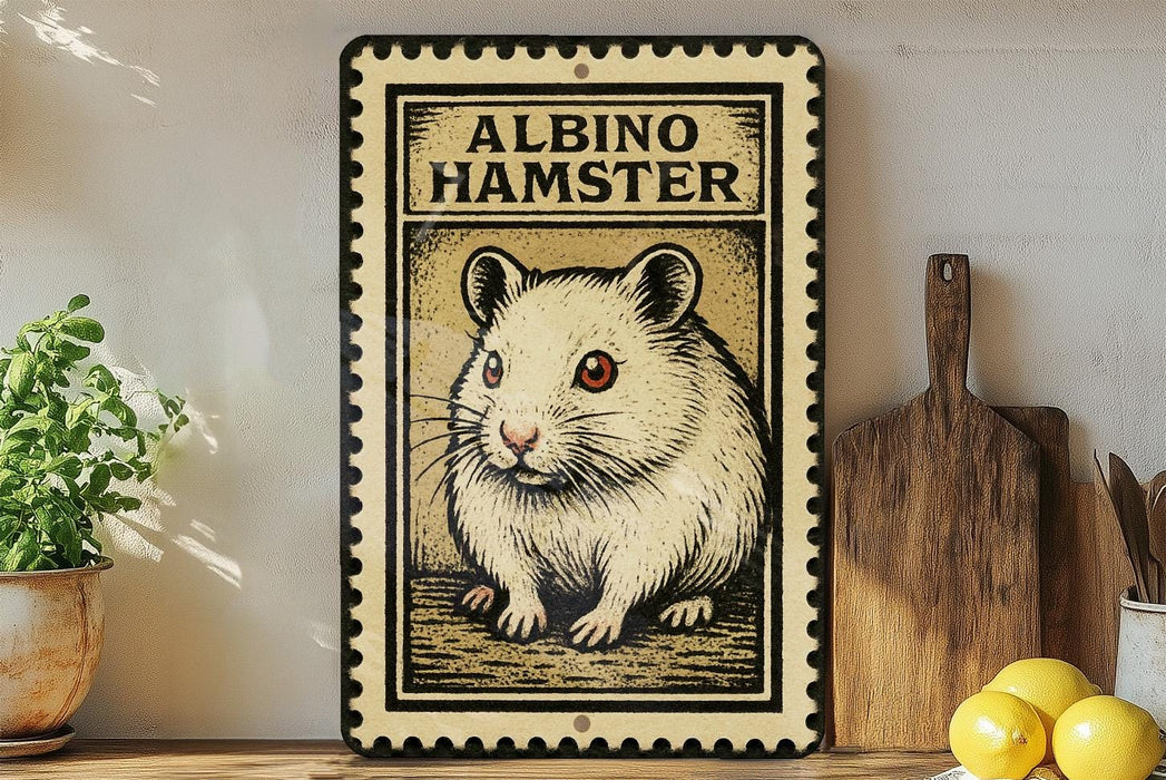 A framed illustration of an albino hamster is displayed on a shelf, accompanied by a wooden cutting board and a potted plant.