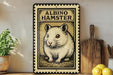 A framed illustration of an albino hamster is displayed on a shelf, accompanied by a wooden cutting board and a potted plant.