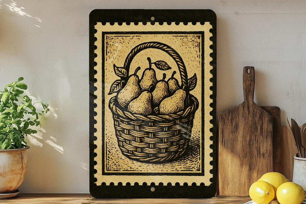 a framed illustration of a basket filled with pears, placed on a shelf next to a wooden cutting board and a potted plant.