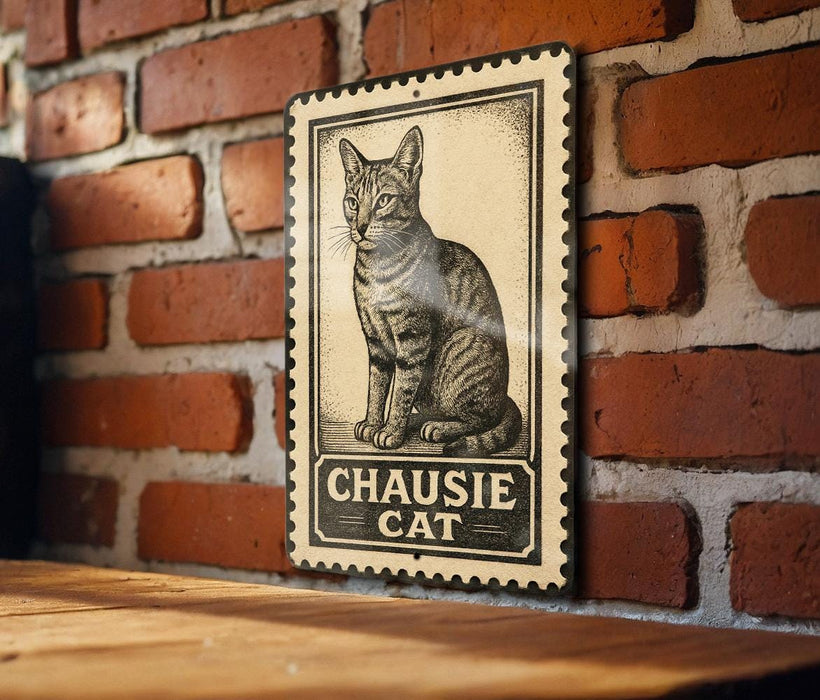 A metal sign featuring a black and white illustration of a cat, mounted on a brick wall.