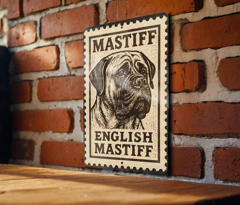 A metal sign with a black and white illustration of a mastiff dog, mounted on a brick wall.