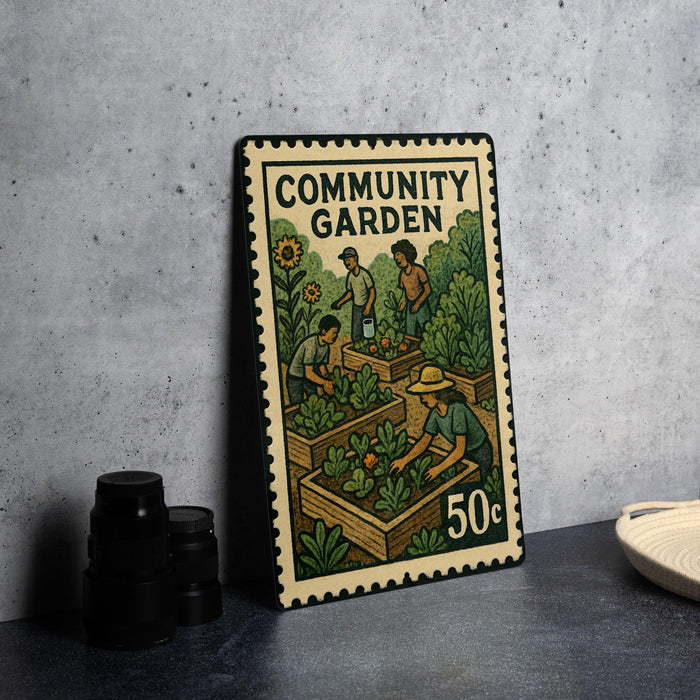 A metal stamp depicting people working in a community garden, with the text "COMMUNITY GARDEN" and "50c" printed on it.