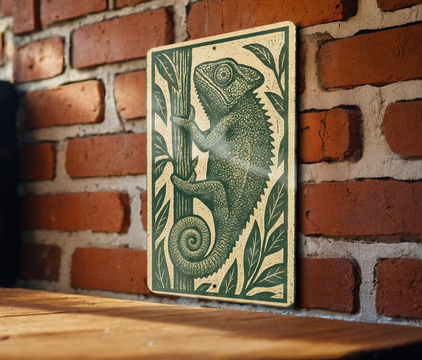 a metal sign with a chameleon illustration on it, mounted on a brick wall.
