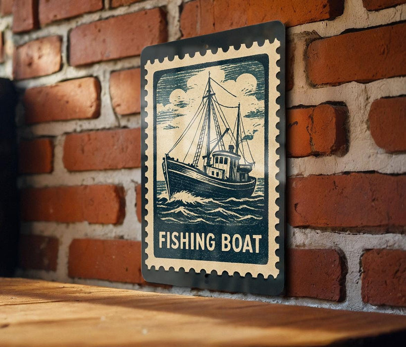 A sign with a fishing boat illustration is mounted on a brick wall.